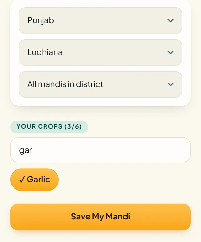 Settings screen with Punjab, Ludhiana and All mandis chosen, and Garlic selected in the crop list