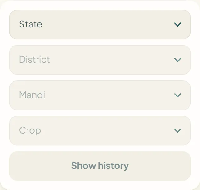 Price history form with State, District, Mandi and Crop pickers