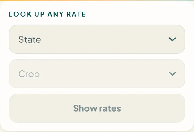 Look up any rate box with State and Crop pickers