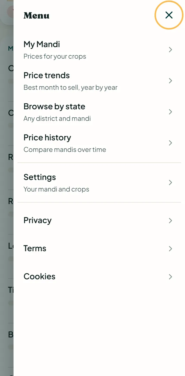 The menu with My Mandi, Price trends, Browse by state, Price history and Settings