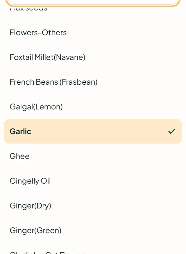 Crop list sliding up from the bottom with a search box and Garlic selected